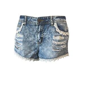Hot Kiss Shorts Women 9 Distressed High Rise Lace Trim 100% Cotton Blue (W32 L2)